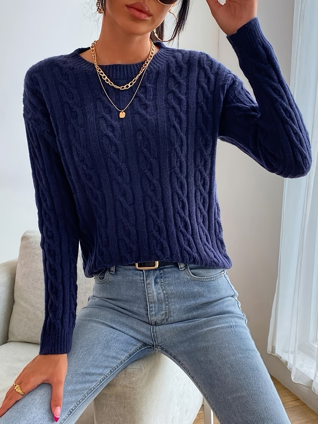 Cable Knit Drop Shoulder Sweater