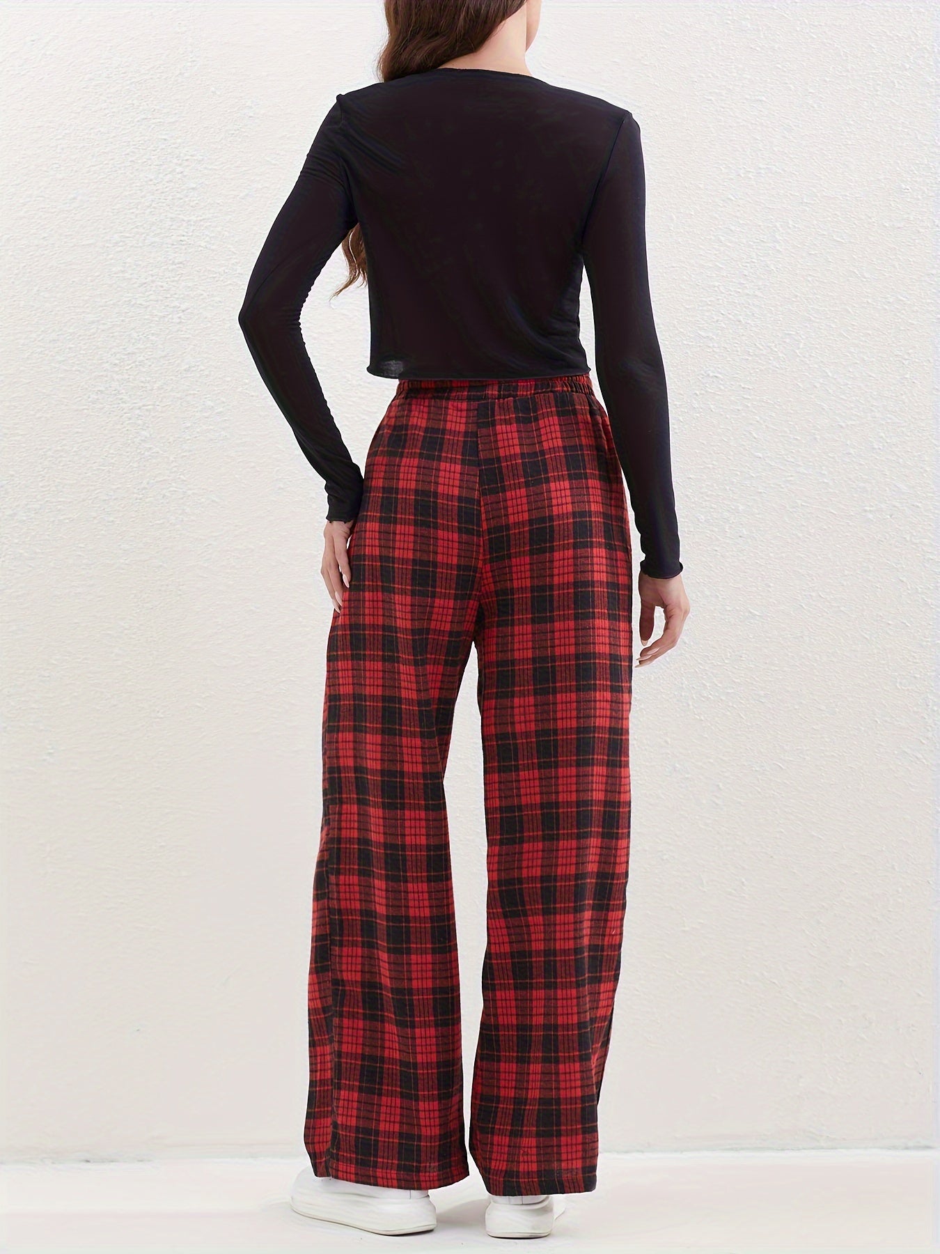 Plaid Print Loose Straight Leg Pants