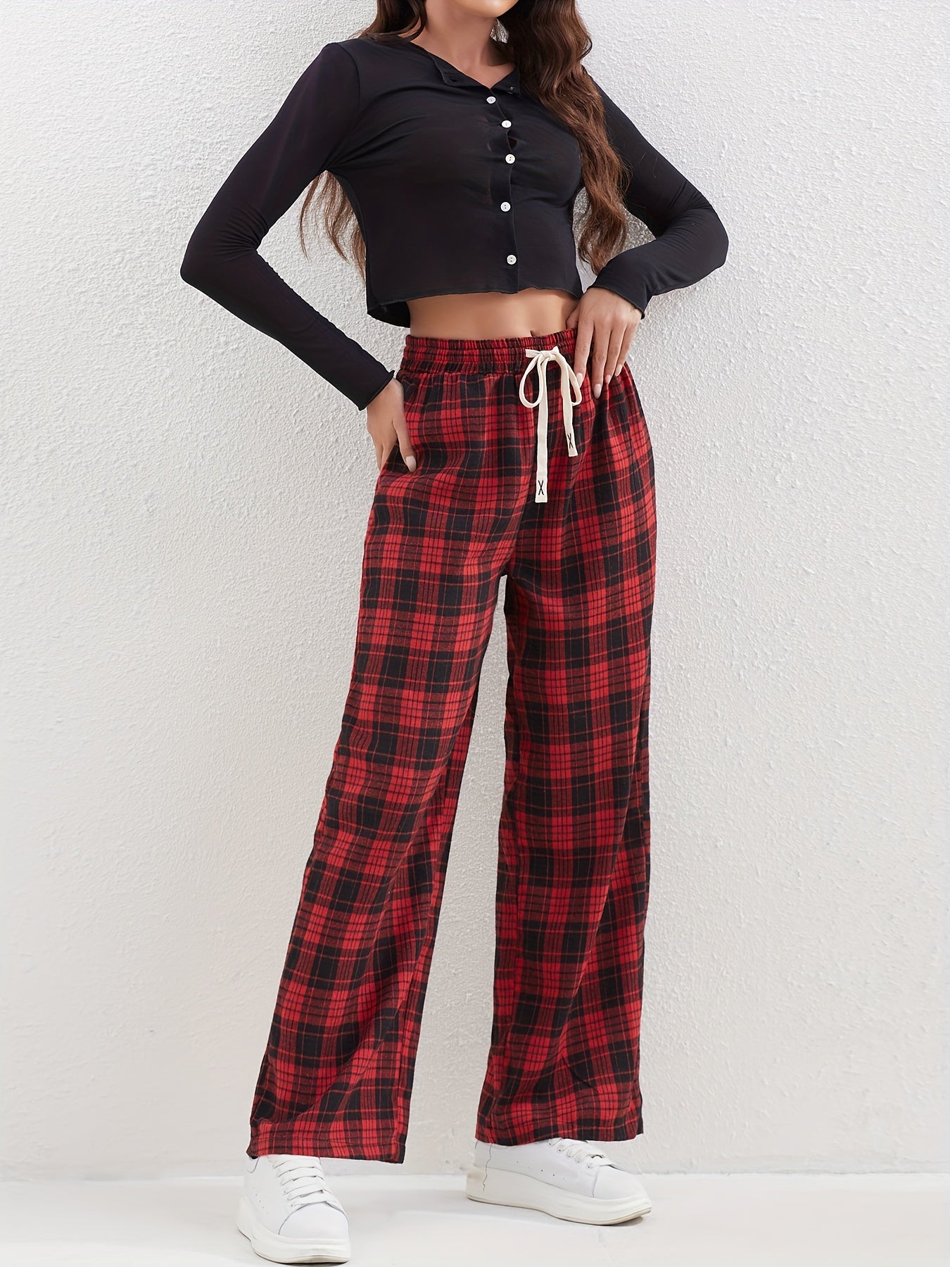 Plaid Print Loose Straight Leg Pants