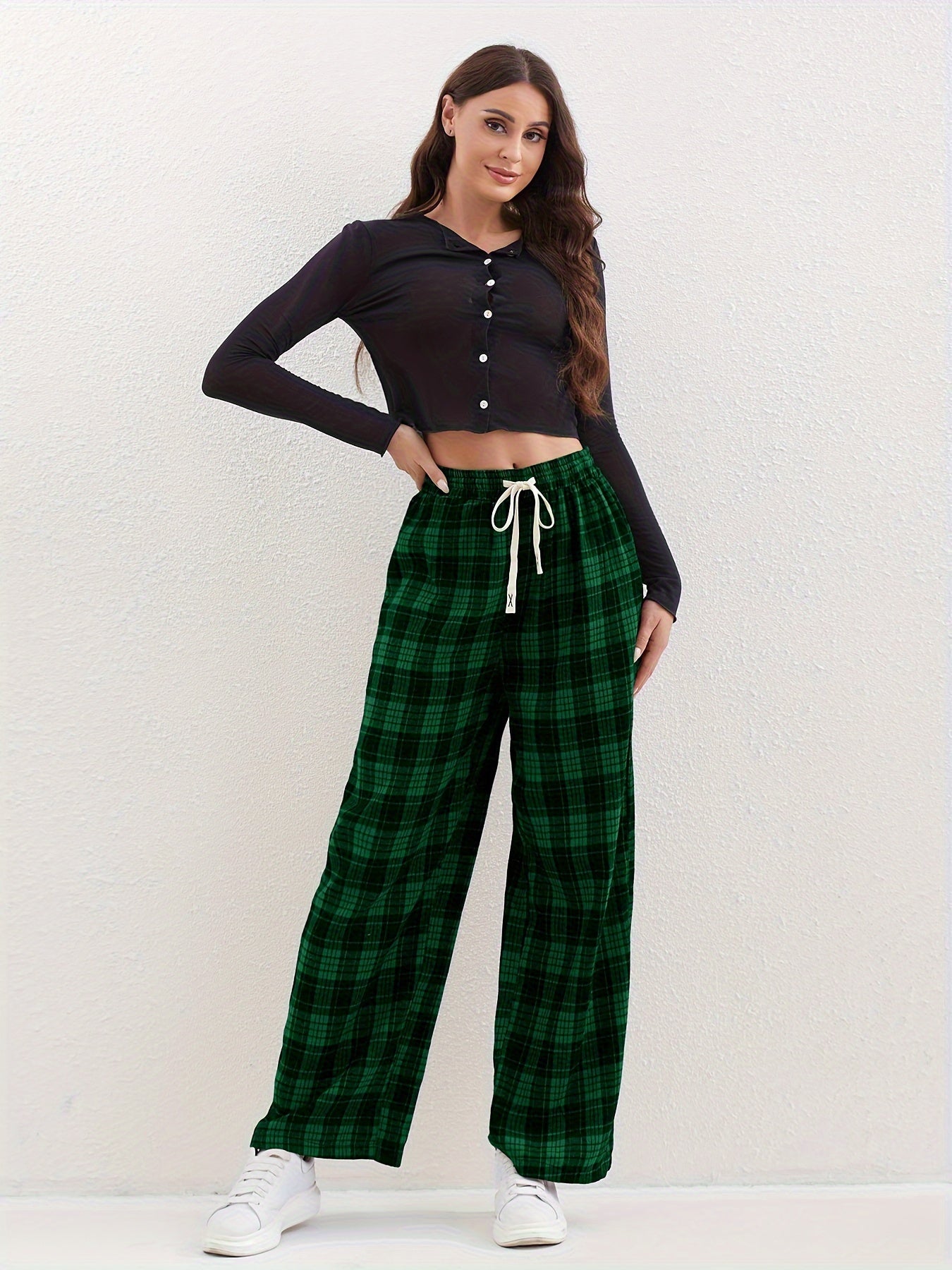 Plaid Print Loose Straight Leg Pants