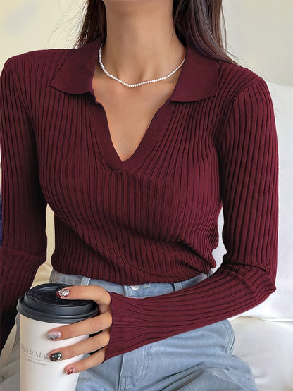 V-neck Collared Knitted Sweater