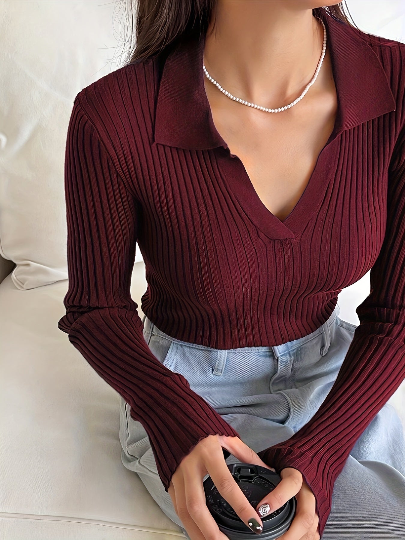 V-neck Collared Knitted Sweater