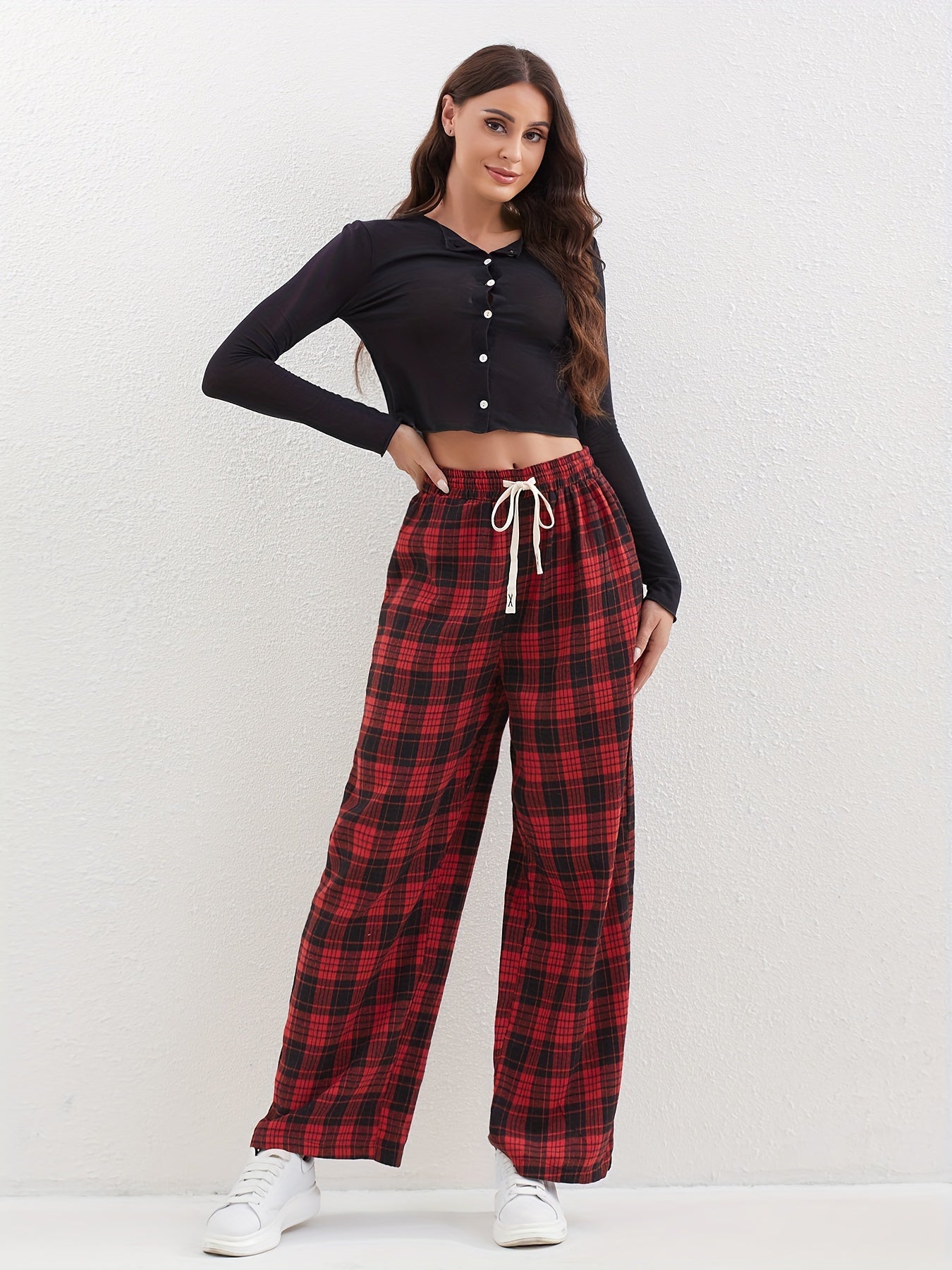 Plaid Print Loose Straight Leg Pants