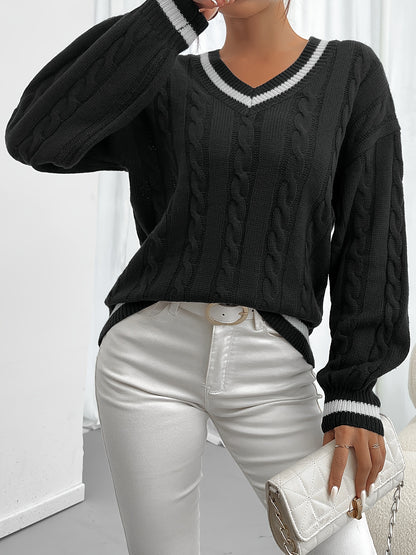 Contrast Trim Cable Knit Sweater