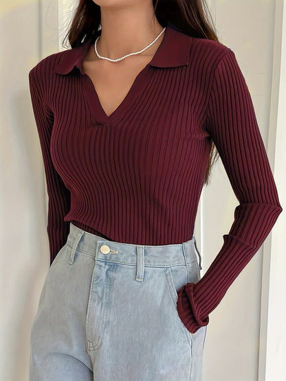 V-neck Collared Knitted Sweater