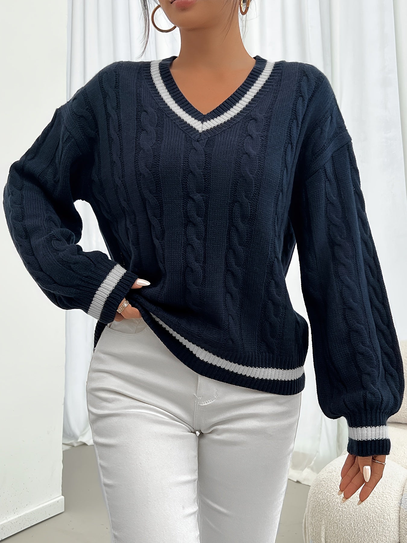 Contrast Trim Cable Knit Sweater