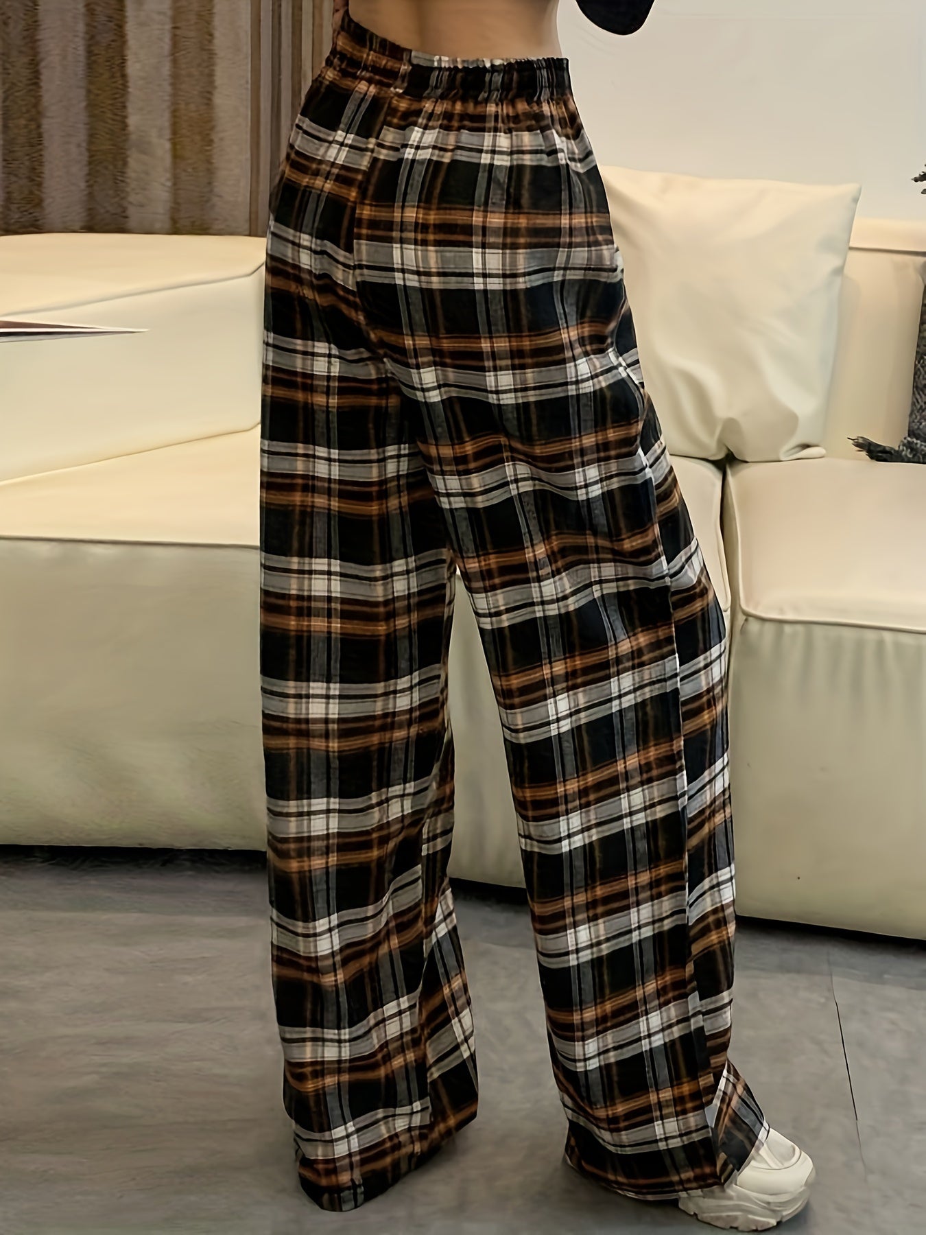 Plaid Print Loose Straight Leg Pants